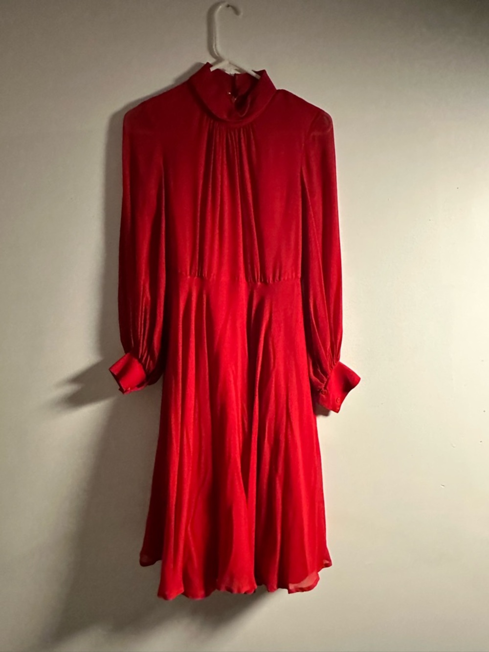 Red Long-Sleeve High-Neck Midi Dress